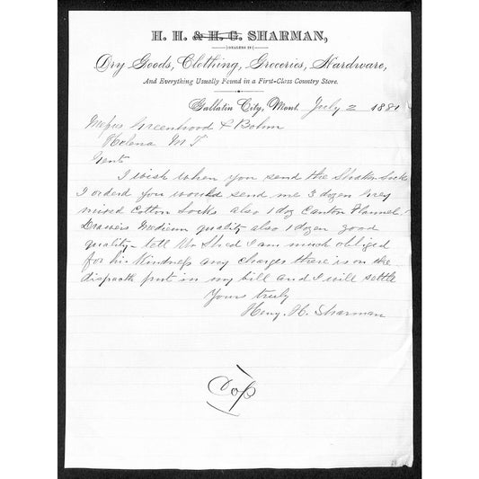 Gallatin City, MT H.H. Sharman 1881 Letterhead re: 3 Doz. Mixed Cotton Socks