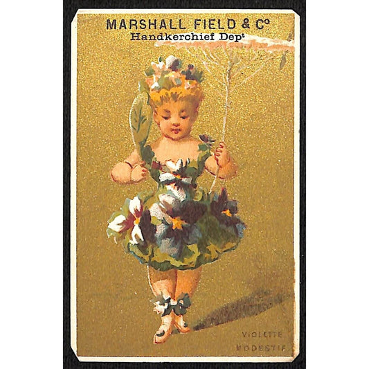 Marshall Field & Co. Handkerchief Dept. Victorian Trade Card Girl Floral Dress