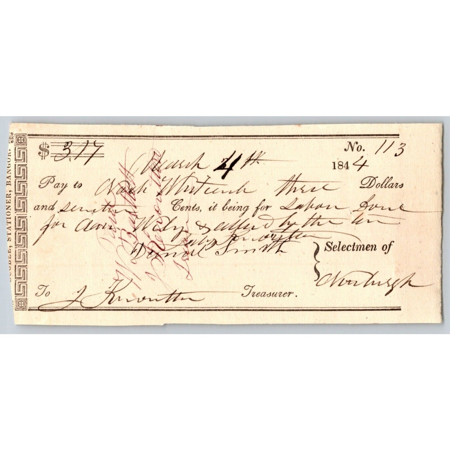 1844 Jabez Knowlton* Newburgh ME Town Check to Noah Whit___?