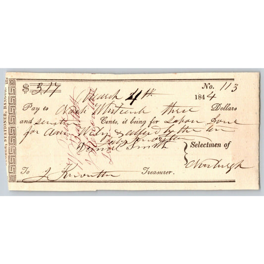 1844 Jabez Knowlton* Newburgh ME Town Check to Noah Whit___?