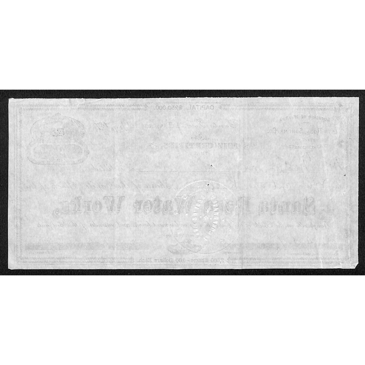 Santa Rosa Water Works 1902 Stock Certificate #48 2 1/2 Shares - Scarce