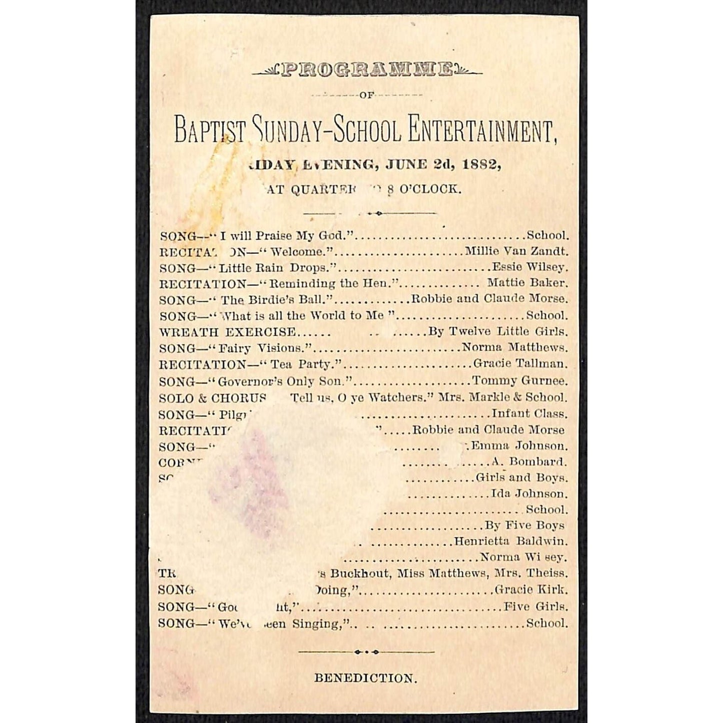 Baptist Sunday School Entertainment Program 1882 / Victorian Trade Card