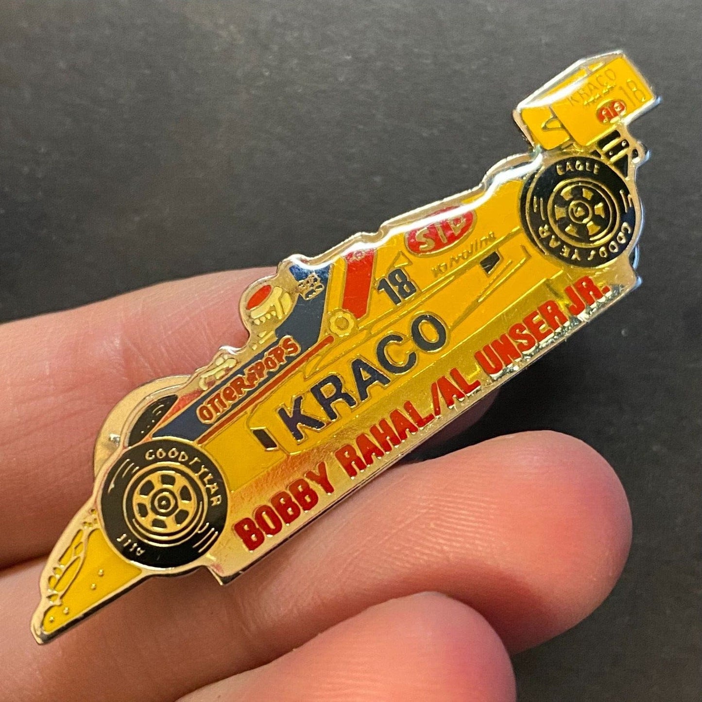KRACO Bobby Rahal / Al Unser #18 c1989 Enameled Lapel Pin 58mm VGC