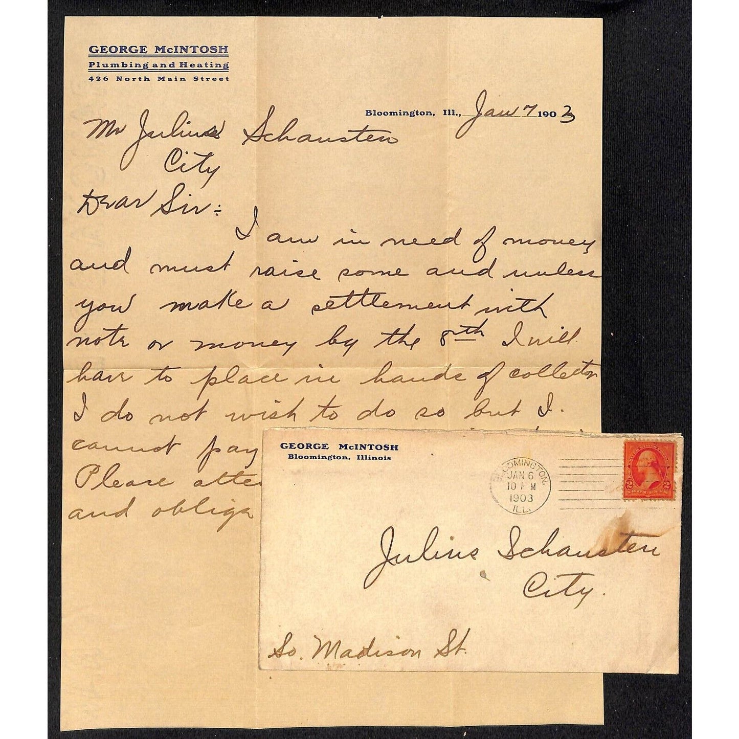 George Mcintosh Plumbing Heating Bloomington. IL 1903 ALS Letterhead re" Need $$