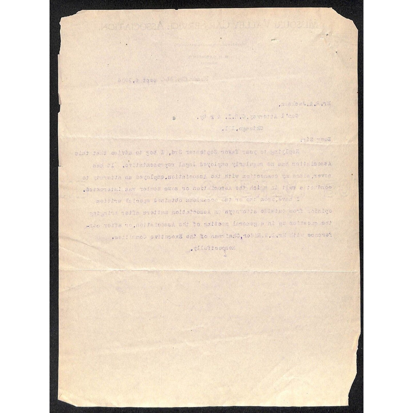 Missouri Valley Car Service Ass'n 1904 Letterhead to CRI&P re: Legal Rep