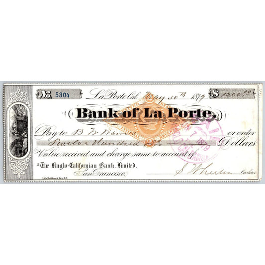 Bank of La Porte Check B.N. Barnes 1879 Mining Vignette RN-G1 Rev Stamp #5304