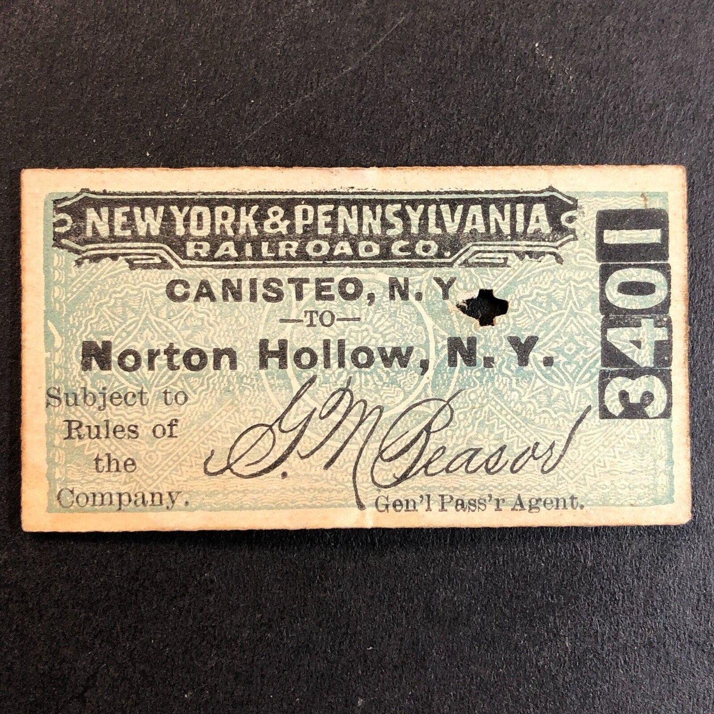 New York & Pennsylvania Railroad July 27 1917 Norton Hollow Ticket #3401 Scarce