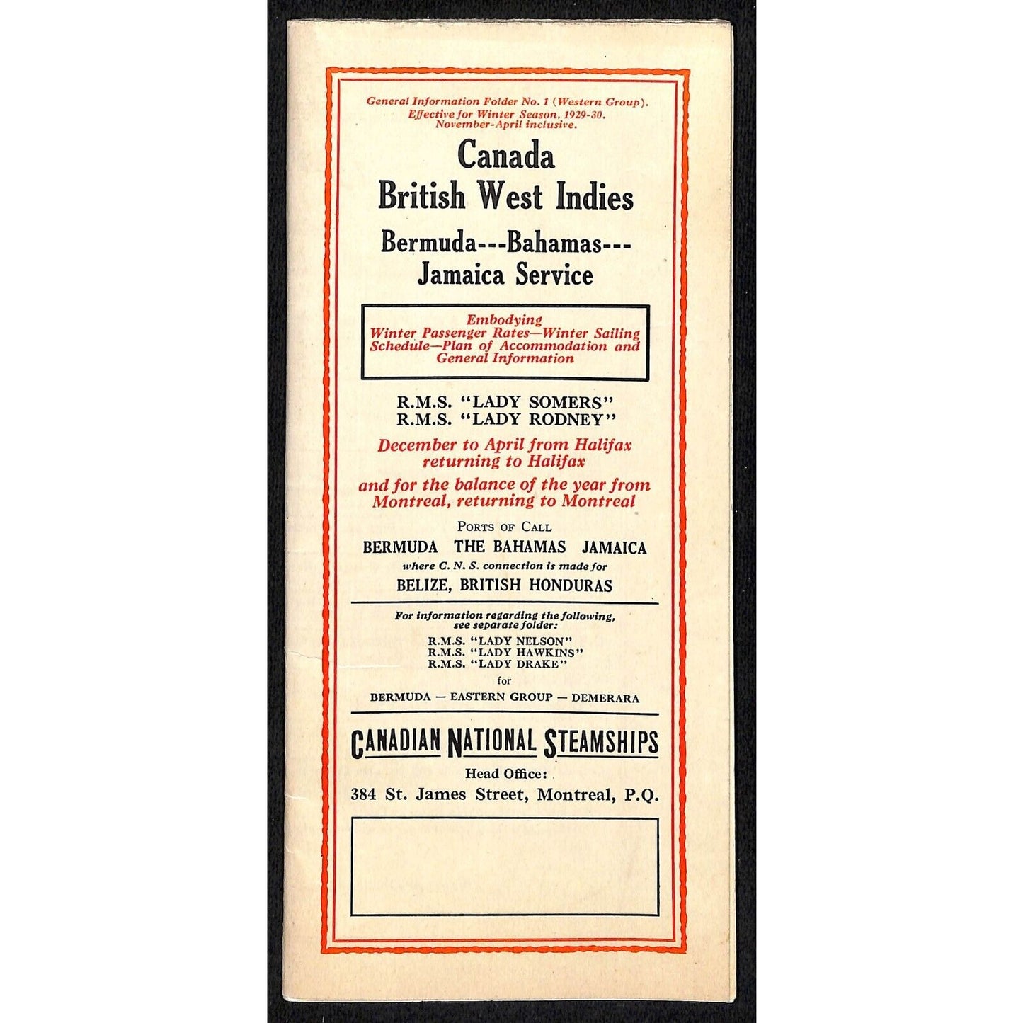 Canadian National Steamships British West Indies Brochure 1929 17" x 23" VGC
