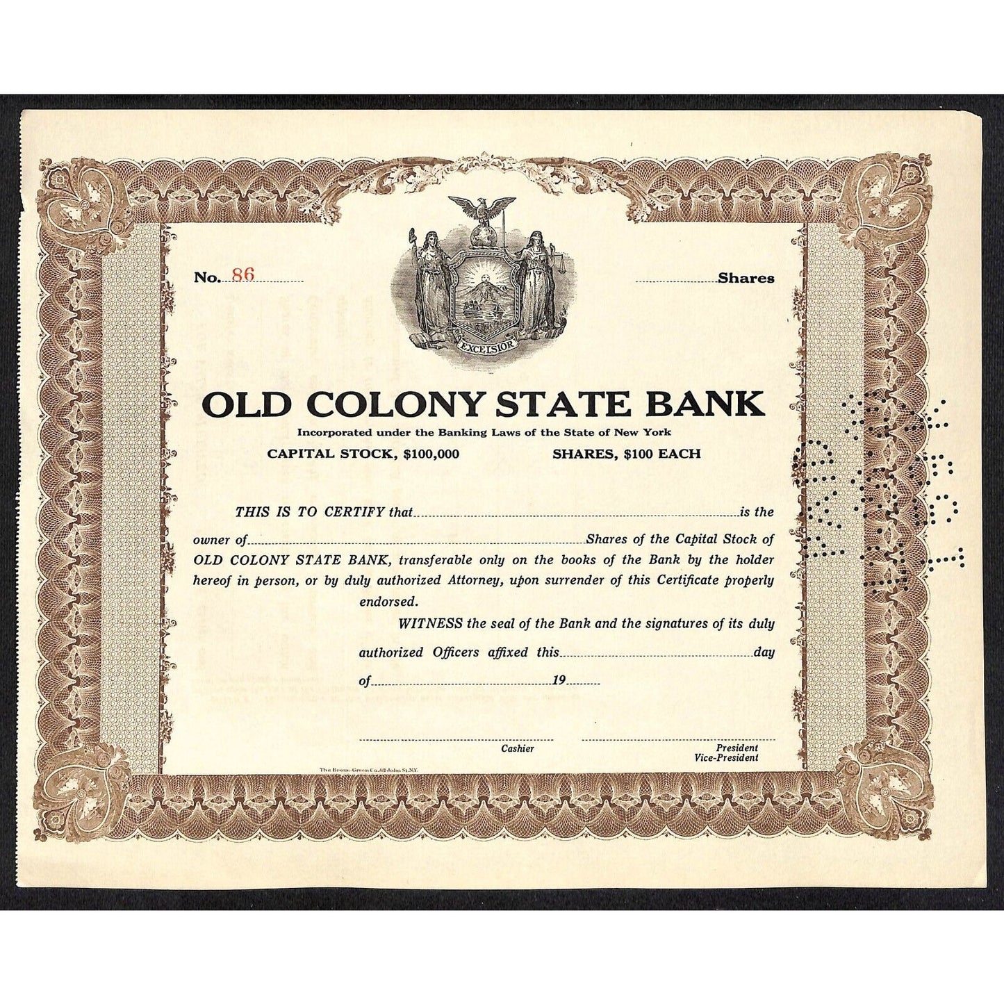 Old Colony State Bank NY c1925 (1928 Cancel) Stock Certificate Unissued #86 VGC