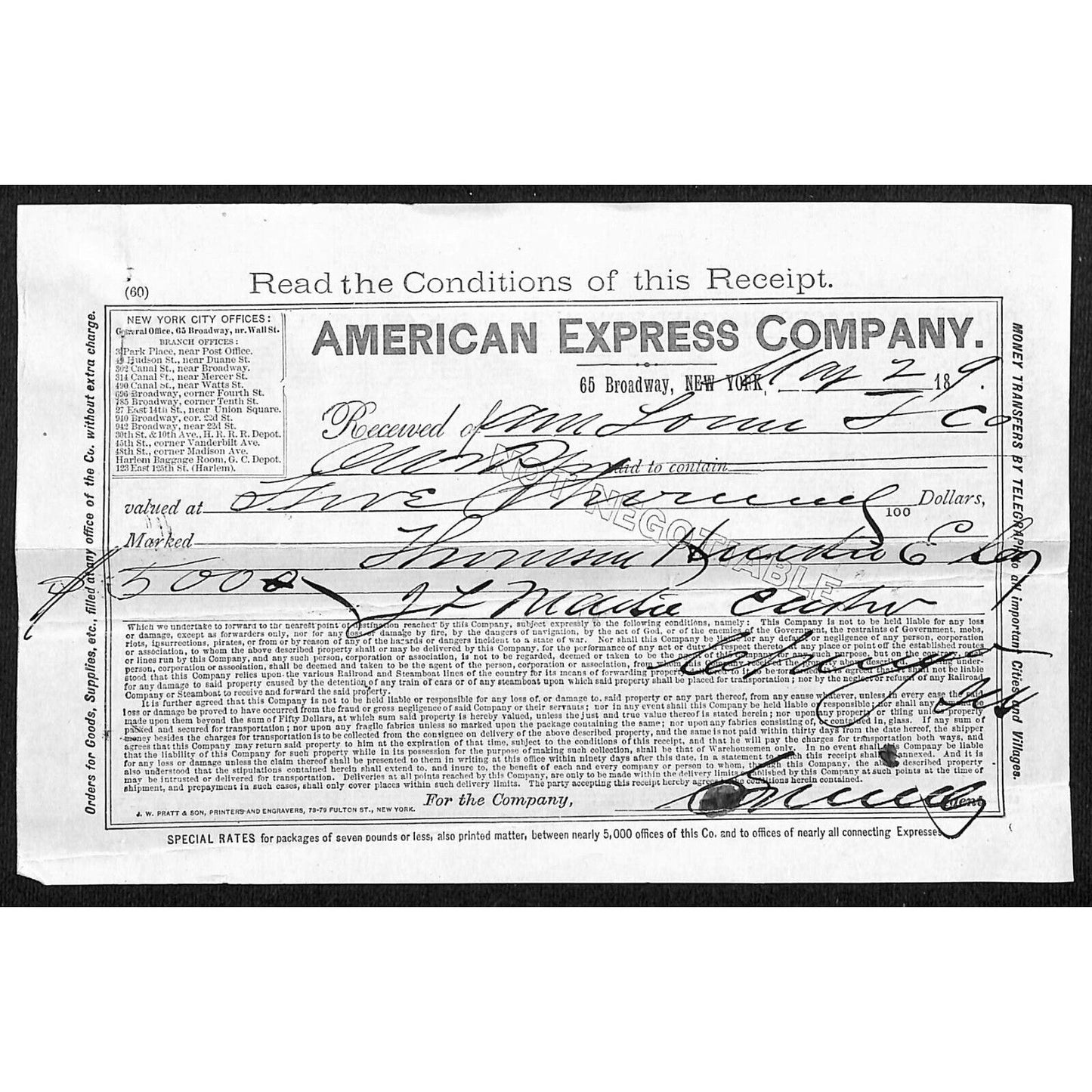 American Express 65 Broadway NYC 1890's Freight Receipt $5000 Valued Shipment