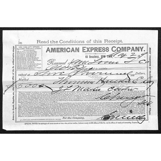 American Express 65 Broadway NYC 1890's Freight Receipt $5000 Valued Shipment