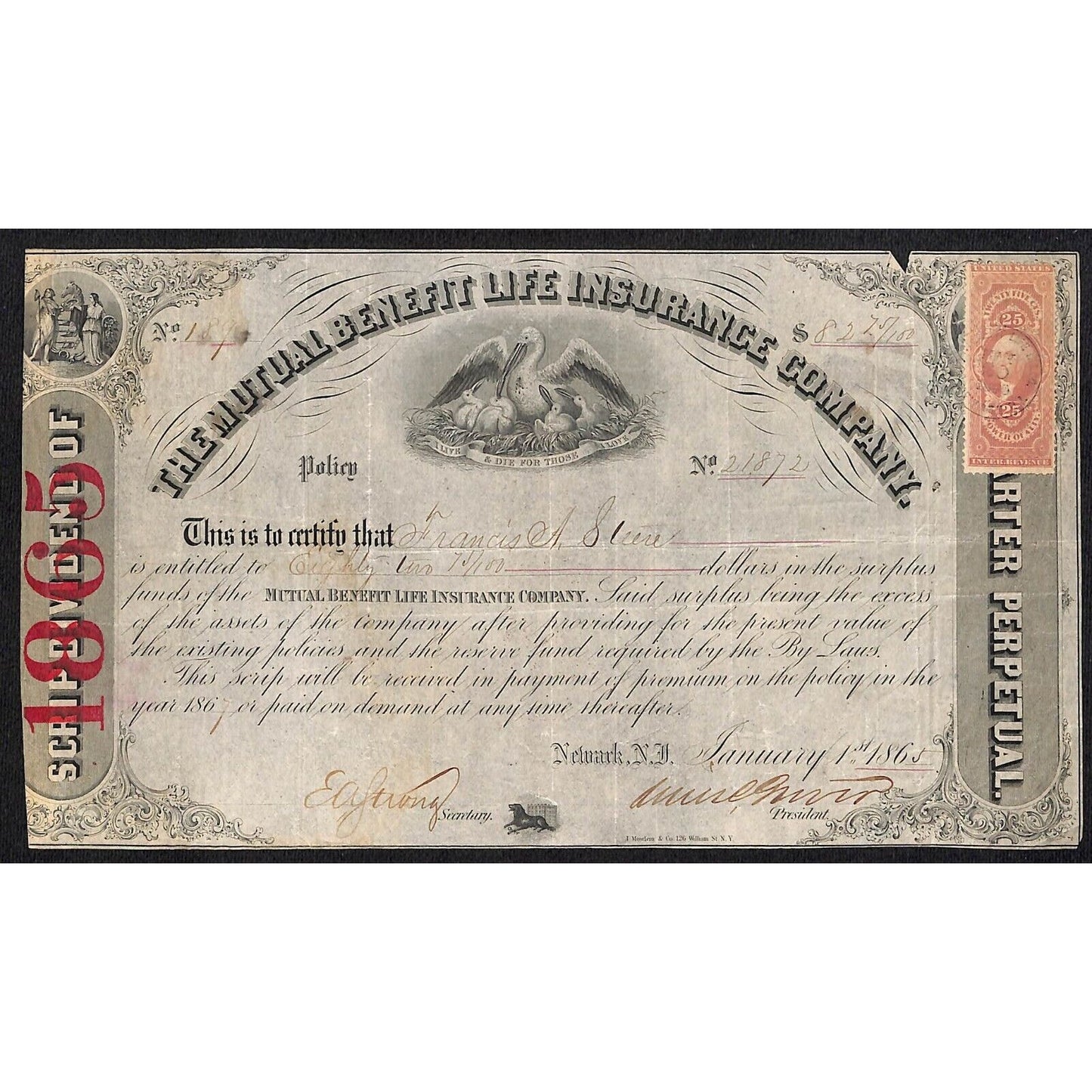 Mutual Benefit Life Insurance Co. 1865 Dividend Certificate to Francis A. ?