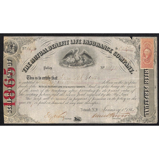 Mutual Benefit Life Insurance Co. 1865 Dividend Certificate to Francis A. ?
