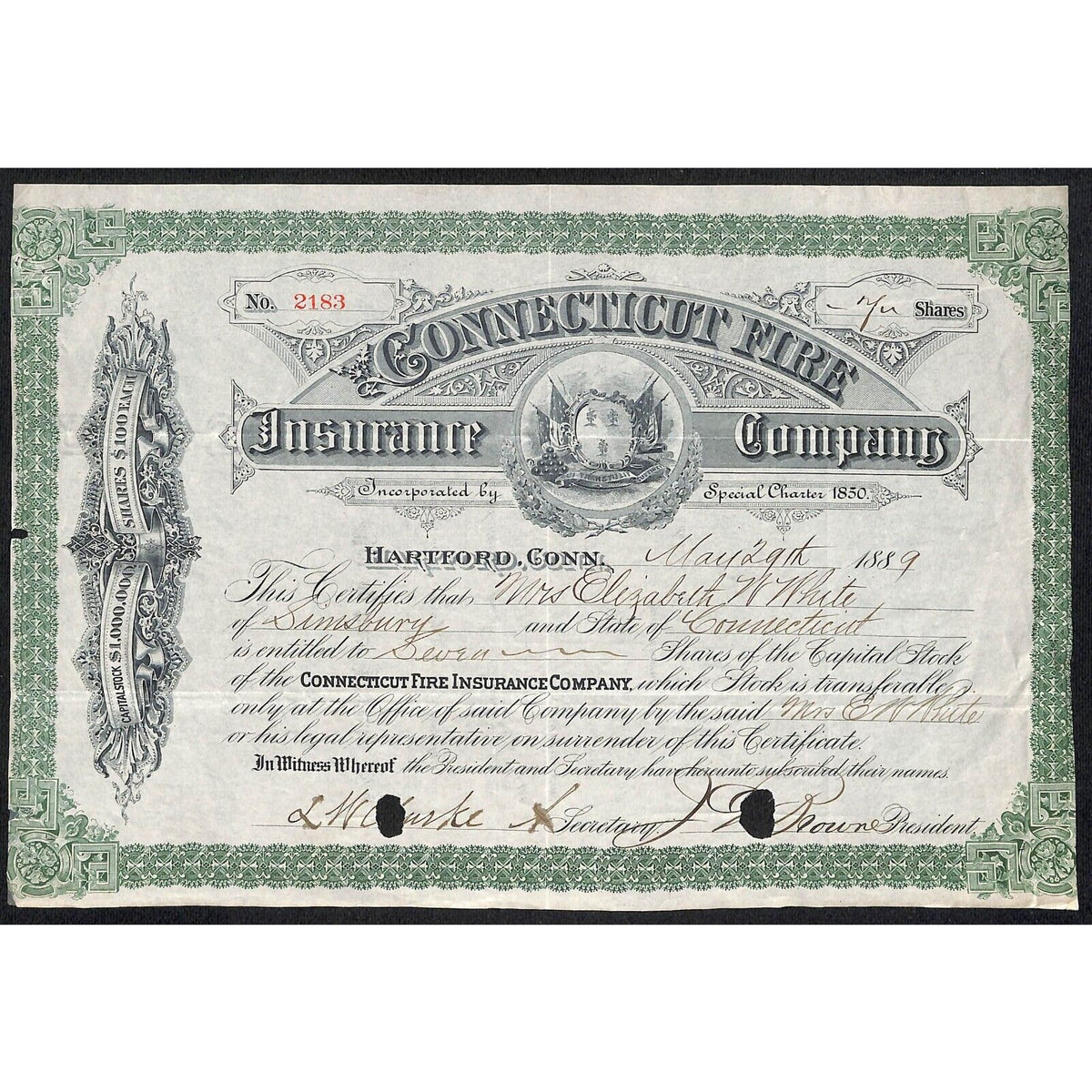 Connecticut Fire Insurance Co. 1889 Stock Certificate to Elizabeth W. White
