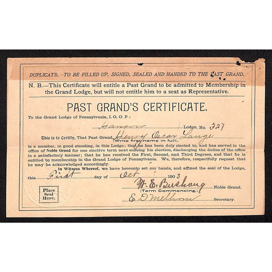 1903 I.O.O.F Odd Fellows "Past Grand's Certificate" Hanover Henry Oscar Lange