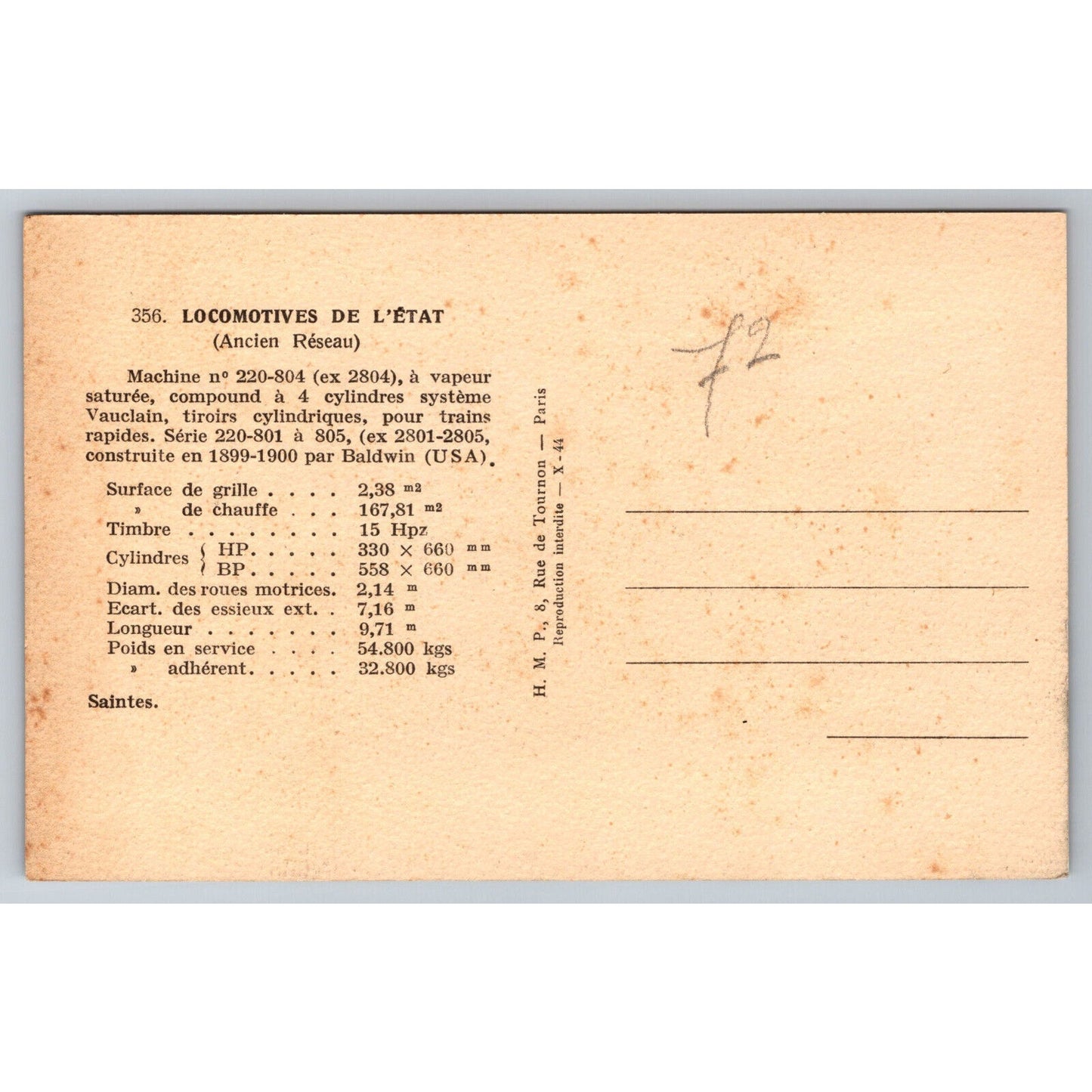 French Railroad RPPC* Postcard Machine 220-804 Series 220-801 c1900 H.M.P.