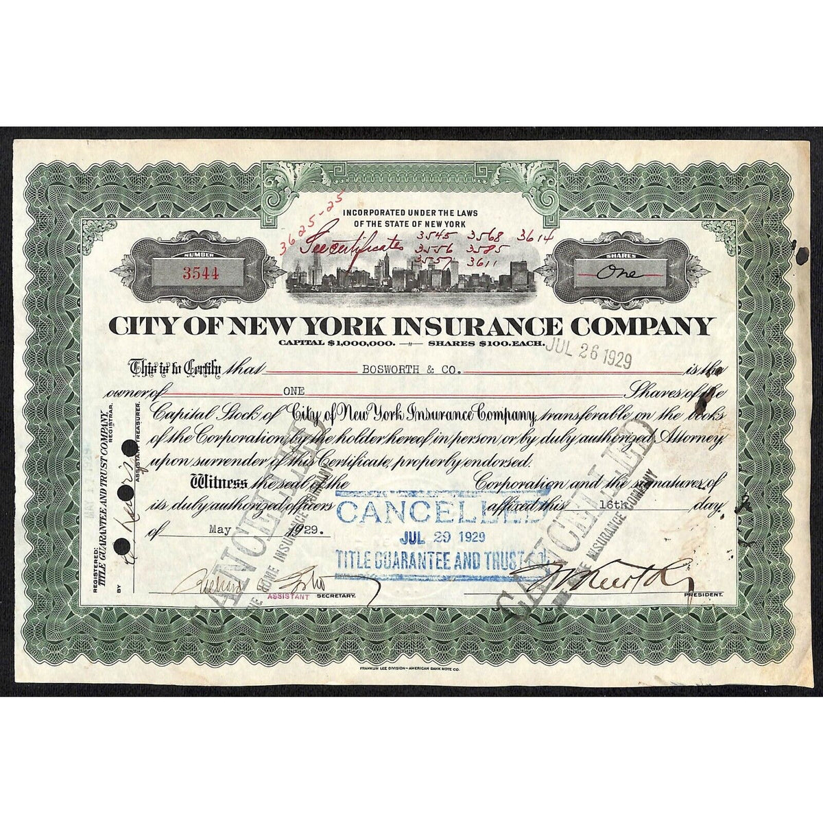 City of New York Insurance Co. NY 1929 Stock Certificate to Bosworth & Co