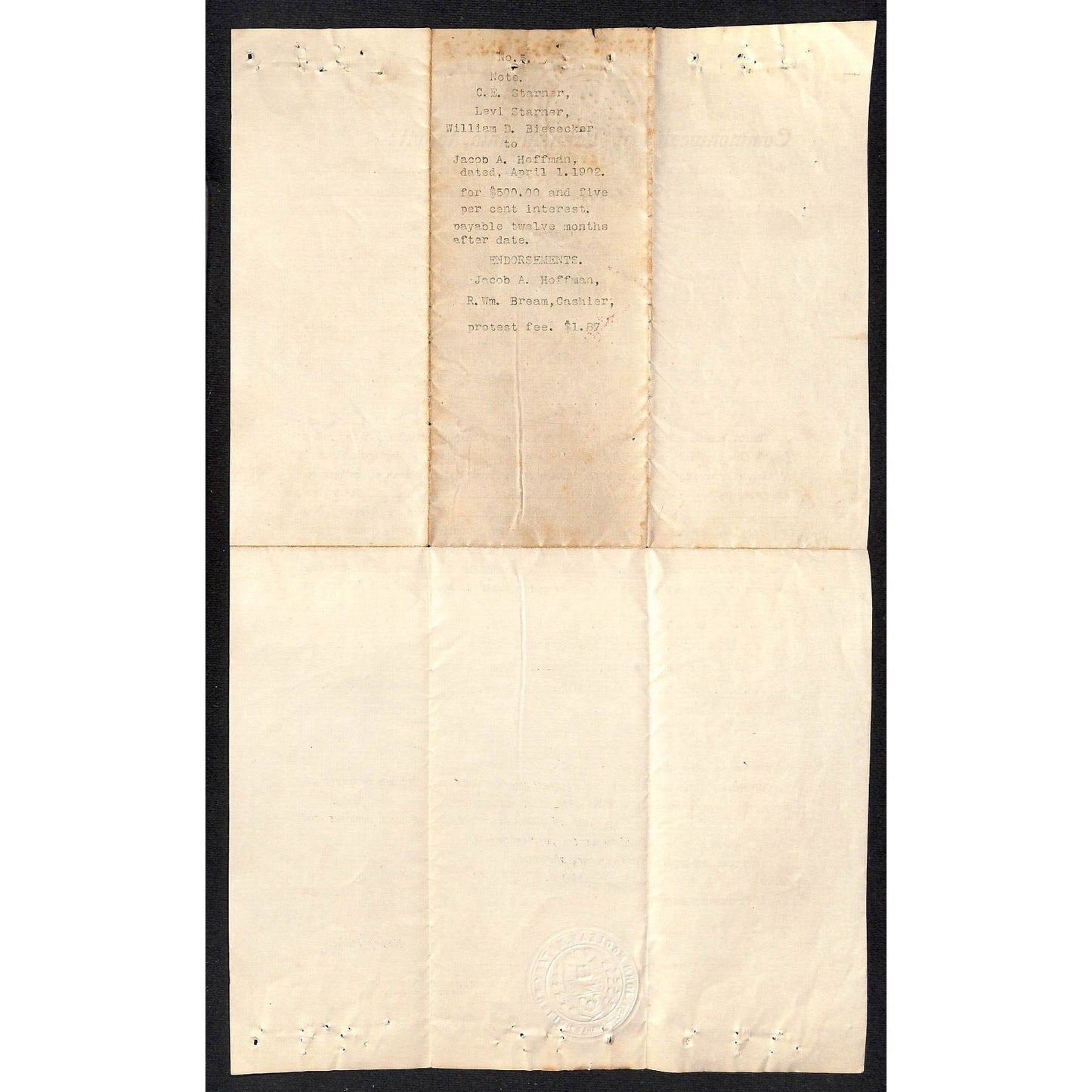 1903 Levi Starner to Jacob Hoffman Gettysburg, PA Notarized Promissory Note