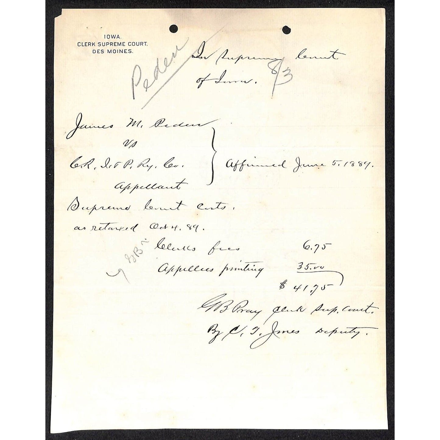 Dept of Justice U.S. Attorney Iowa c1891 Letterhead CRI&P RY re: Court Case