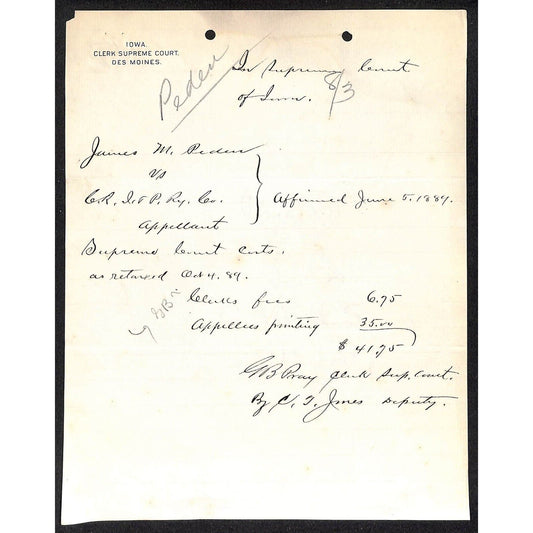 Dept of Justice U.S. Attorney Iowa c1891 Letterhead CRI&P RY re: Court Case