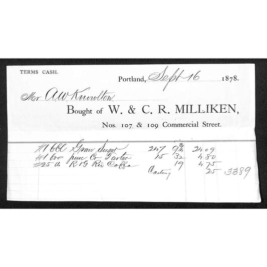 1878 A.W. Knowlton* Newburgh, ME W. & C.R. Milliken Coffee "Cr. Tartar" Billhead