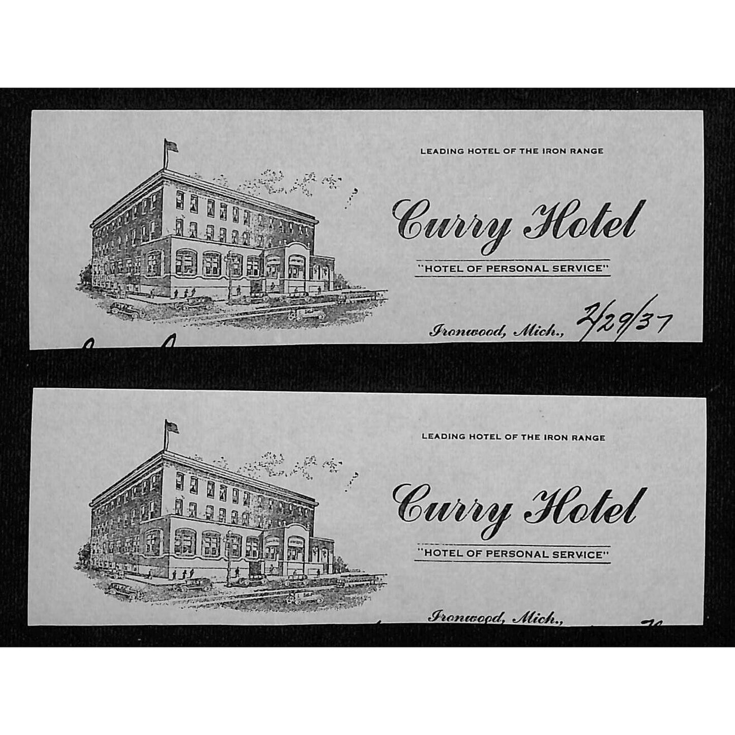 2 Cut 1937 Curry Hotel Ironwood, MI Stationary Headers w/ Vignette 2" x 6"