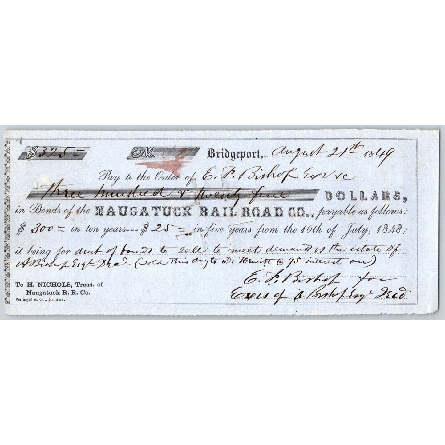 Naugatuck Railroad Co. Bridgeport Connecticut 1849 $325 5-10yr Bond Scarce VGC