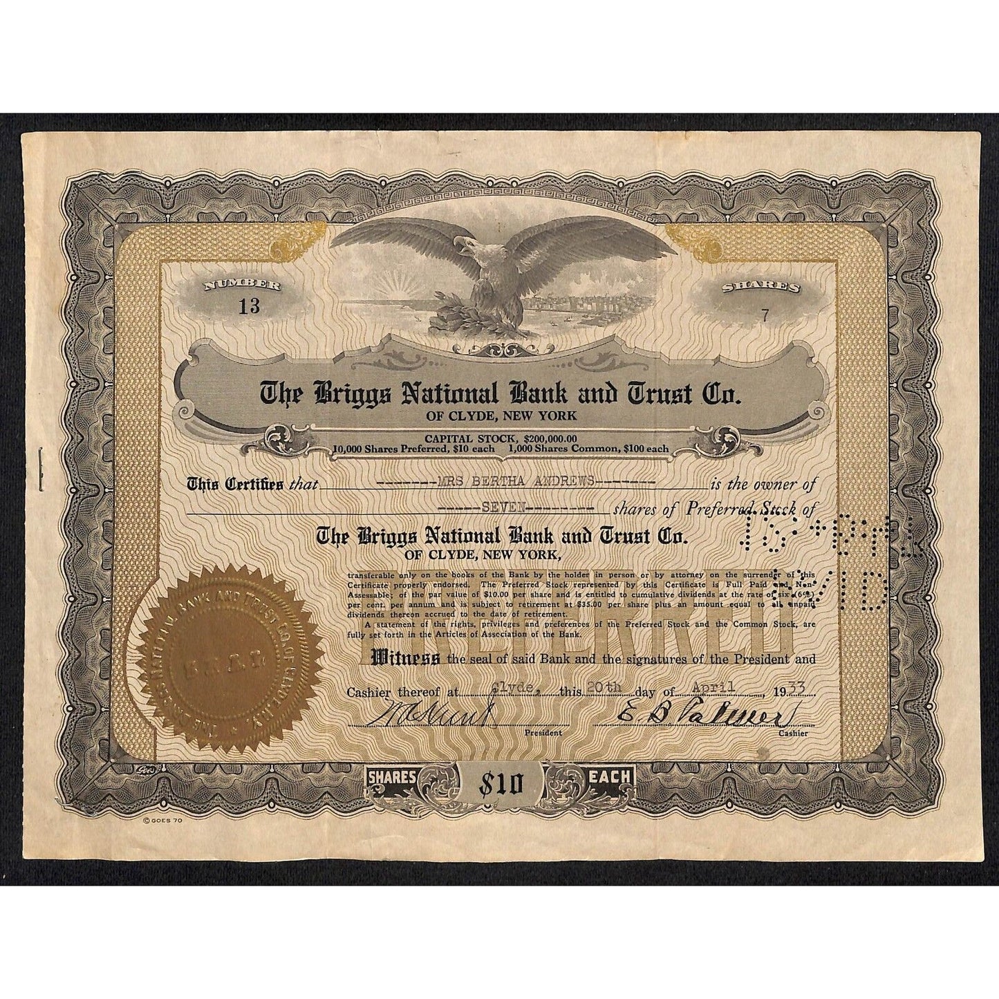 Briggs National Bank Trust Clyde, NY 1933 Stock Certificate to Bertha Andrews