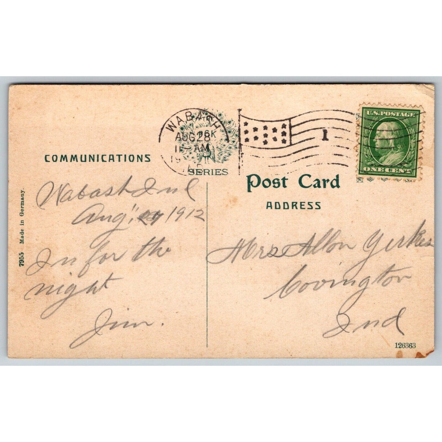 Boyd Park and River, Wabash, IN Postcard PM 1912 Scarce