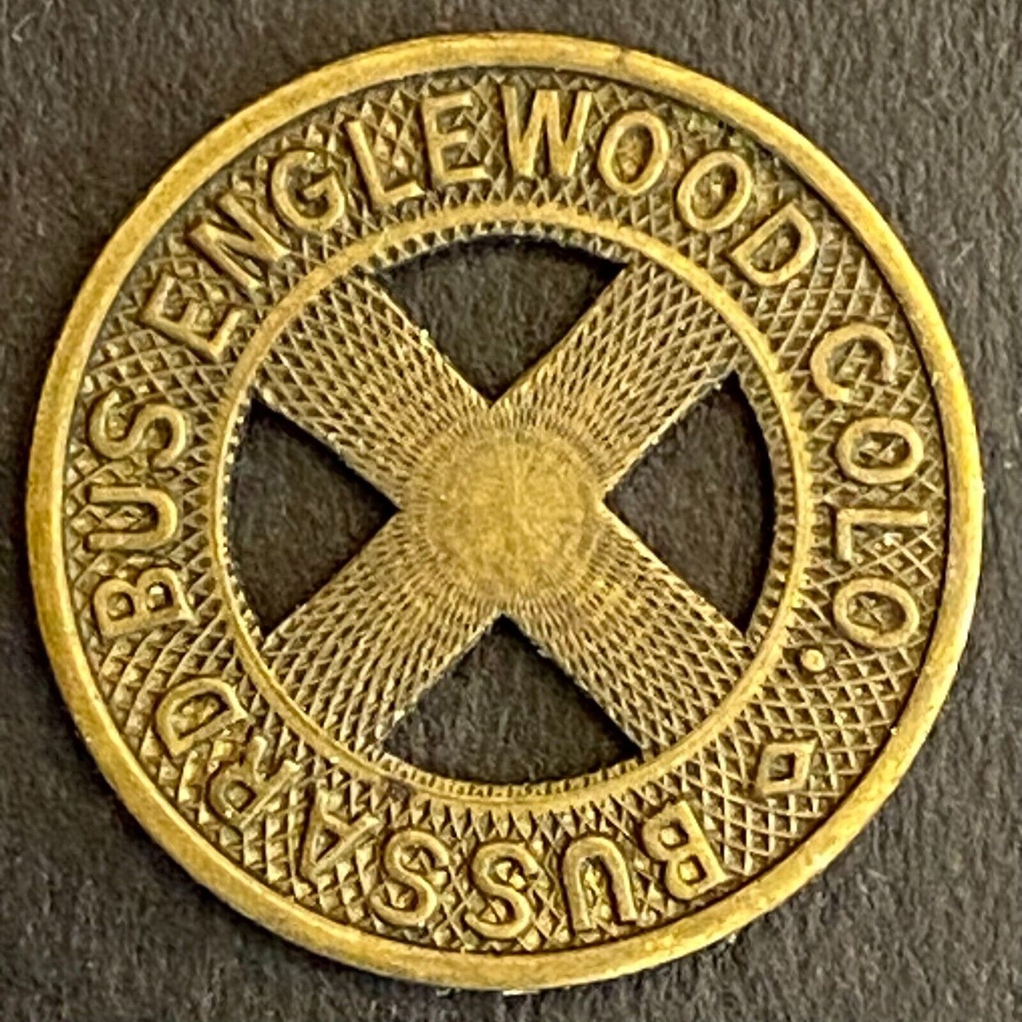 Bussard Bus Englewood Colo G/F One Fare Brass Transit Token c1946 Cross 16mm