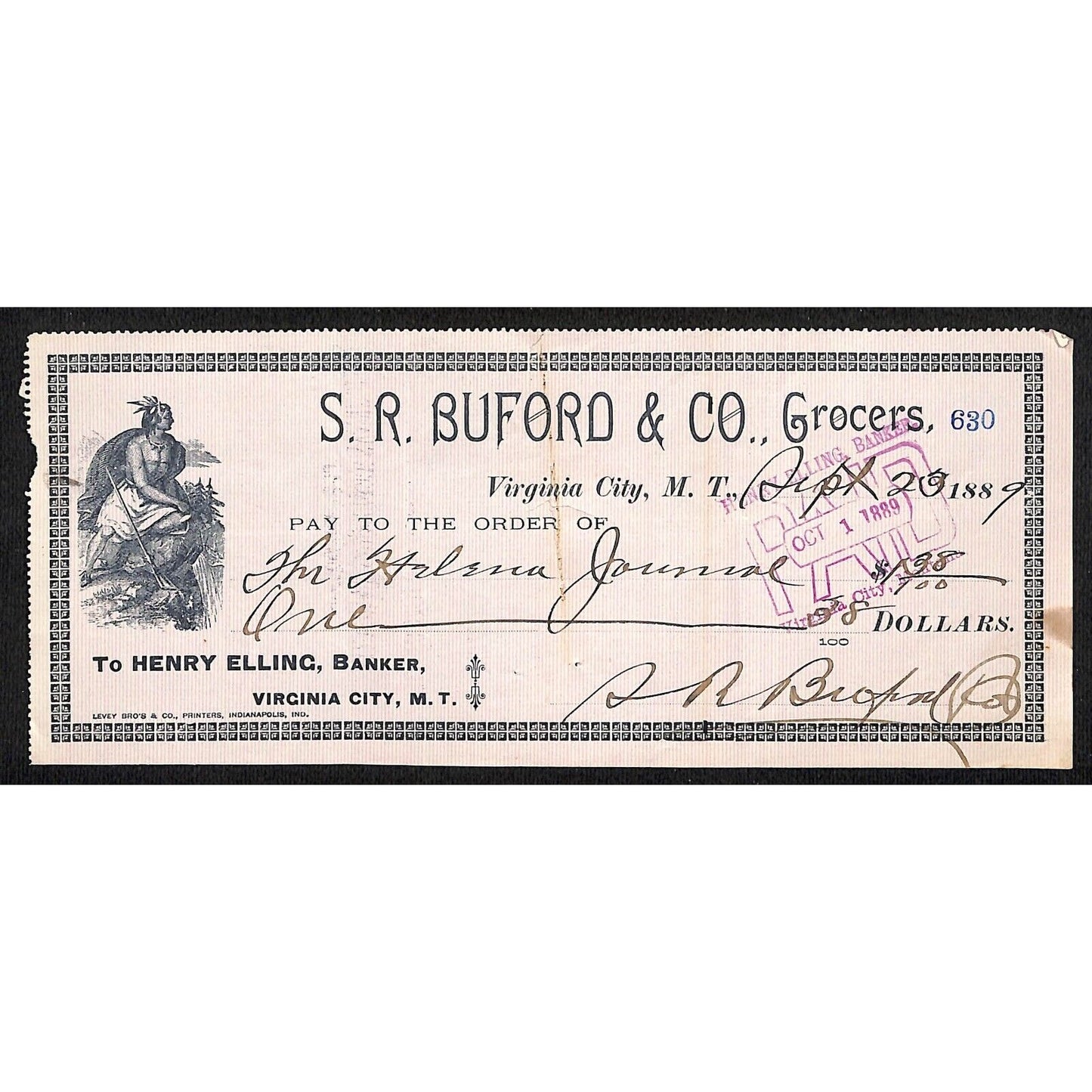 1889 Henry Elling Virginia City Montana Territory S.R. Buford Grocers Check #630