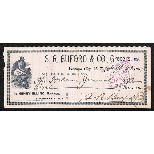 1889 Henry Elling Virginia City Montana Territory S.R. Buford Grocers Check #630