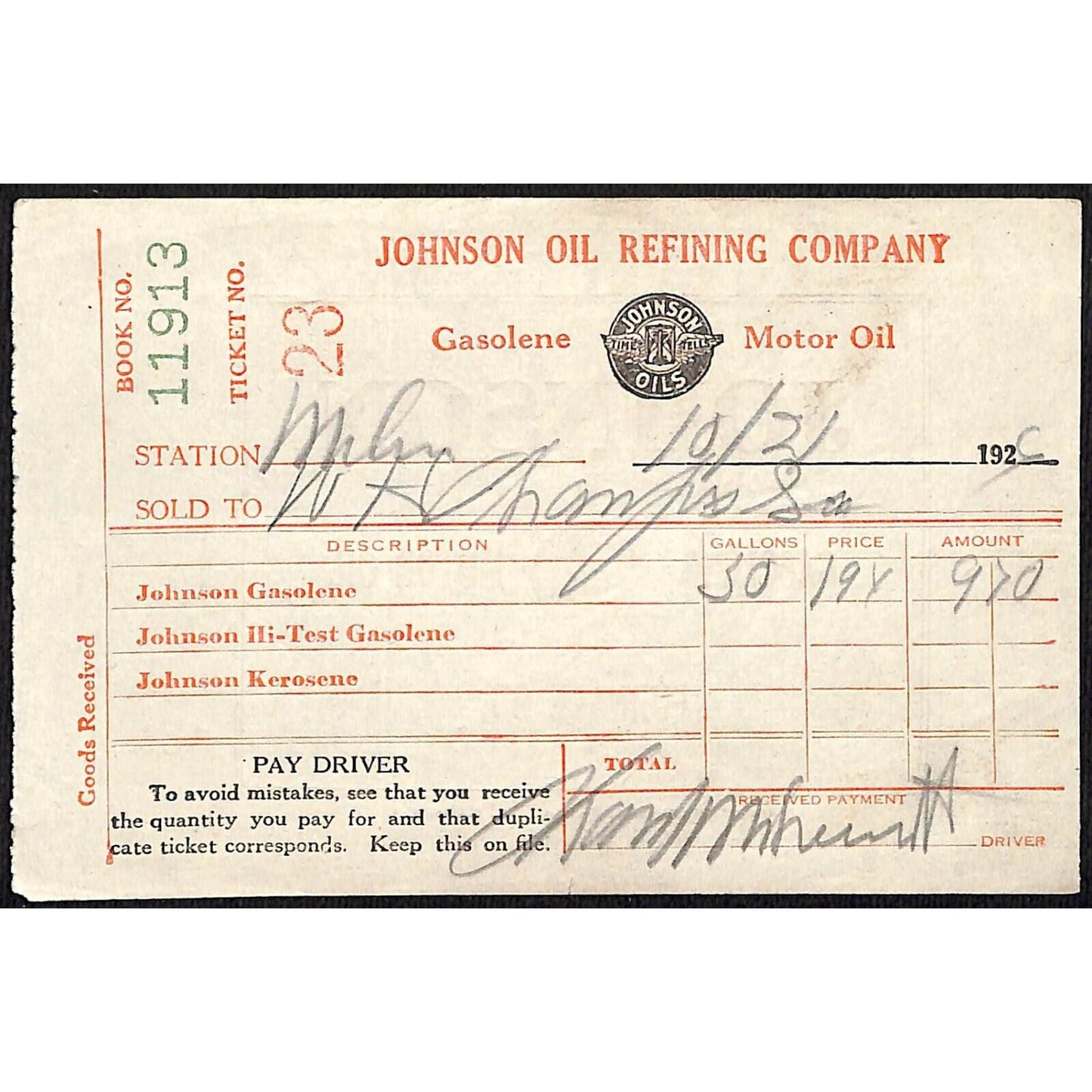 Johnson Oils Gasoline Kerosene 1926 W. H. Thompson Melvin IL Station Receipt #23