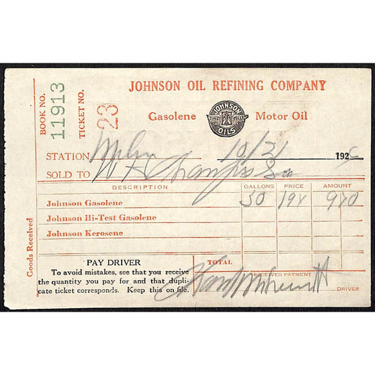 Johnson Oils Gasoline Kerosene 1926 W. H. Thompson Melvin IL Station Receipt #23