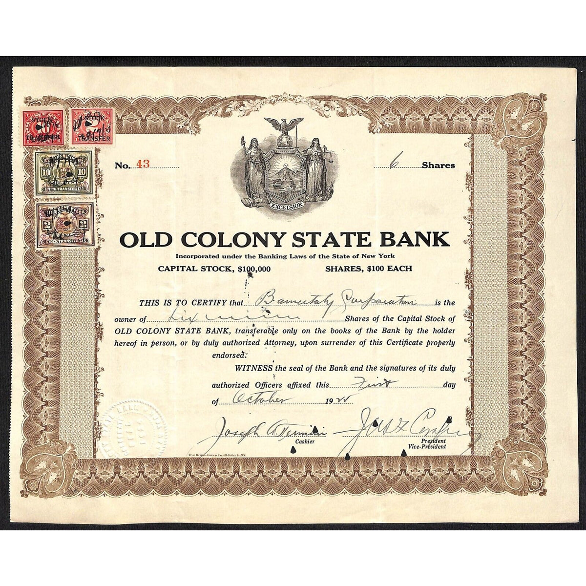 Old Colony State Bank NY 1925 Stock Certificate to ??? - Tax Stamps Scarce