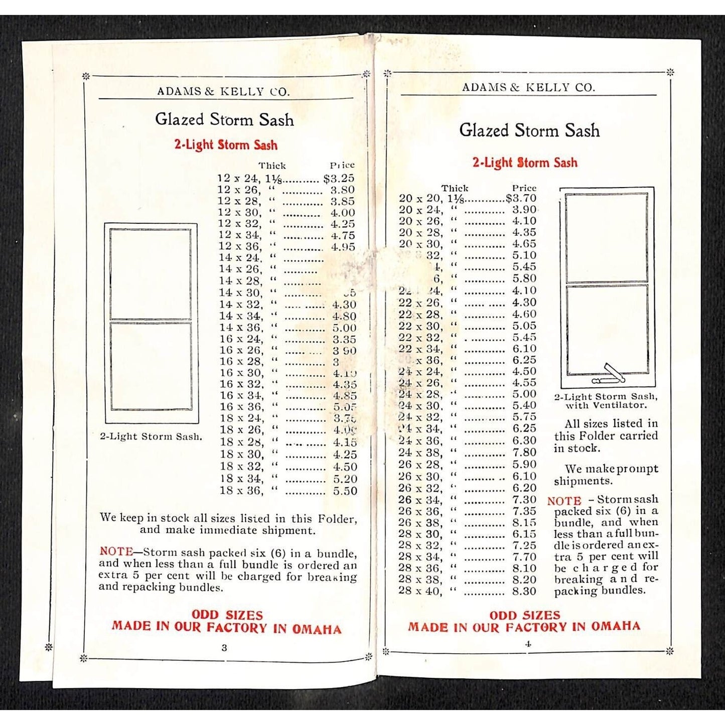 Adams & Kelly Co. Omaha, NE 1907 Small Window Sash Catalog 6pp Prices Scarce