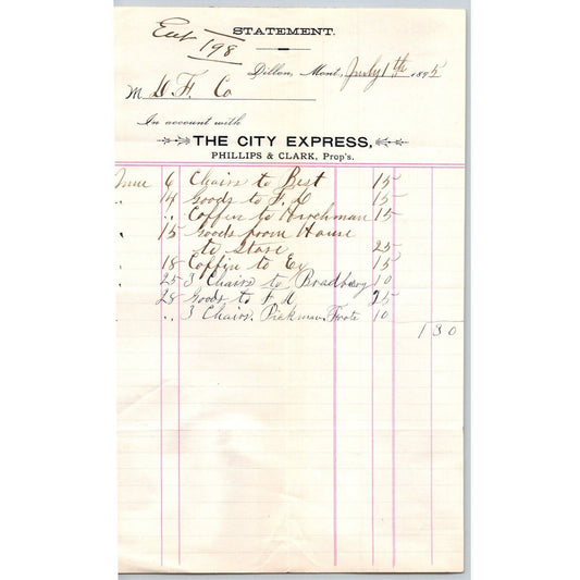 Dillon, MT The City Express Phillips & Clarke 1895 Billhead Statement