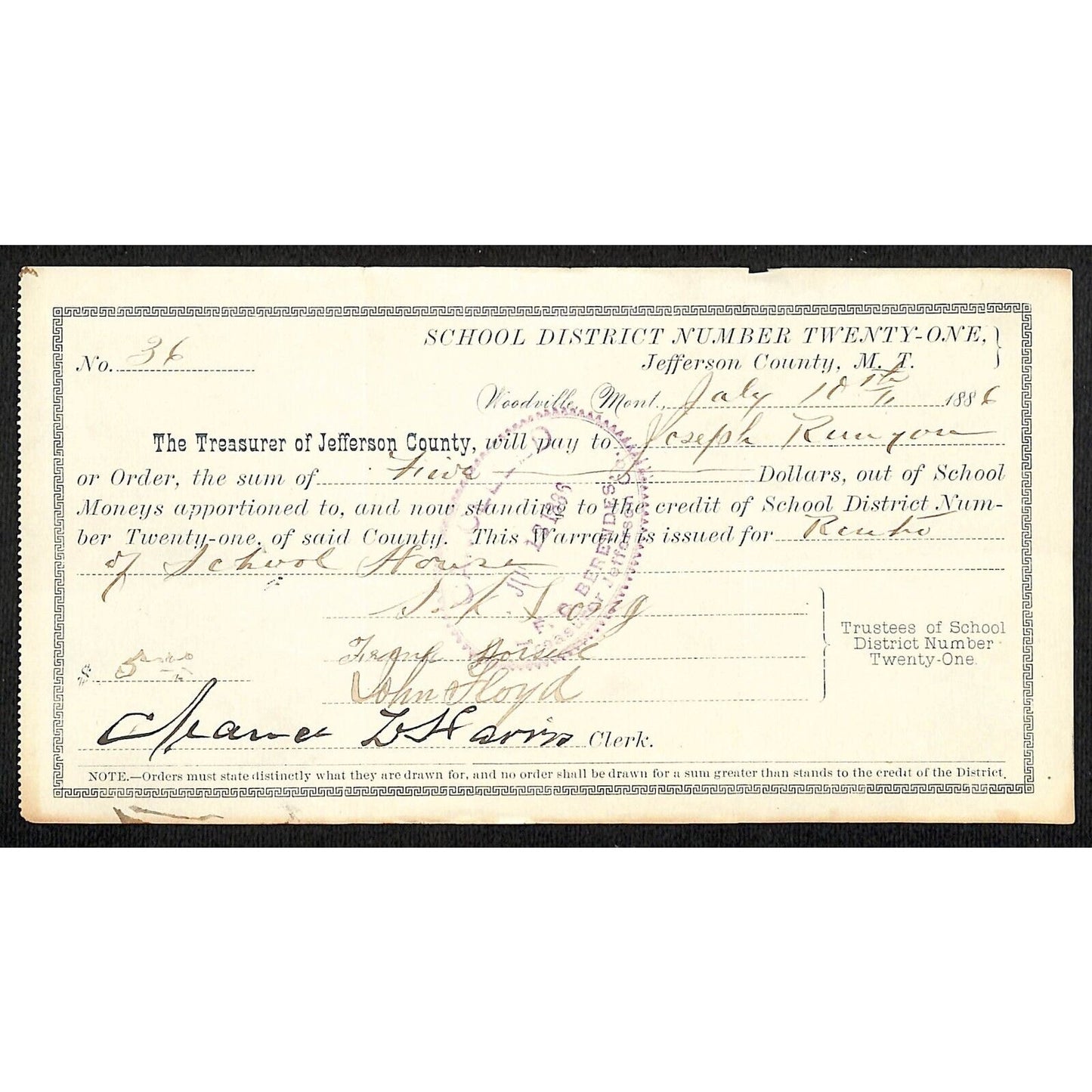 1886 Woodville, MT School District #21 Warrant - for "? of School House"