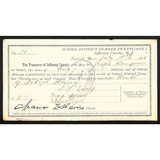 1886 Woodville, MT School District #21 Warrant - for "? of School House"