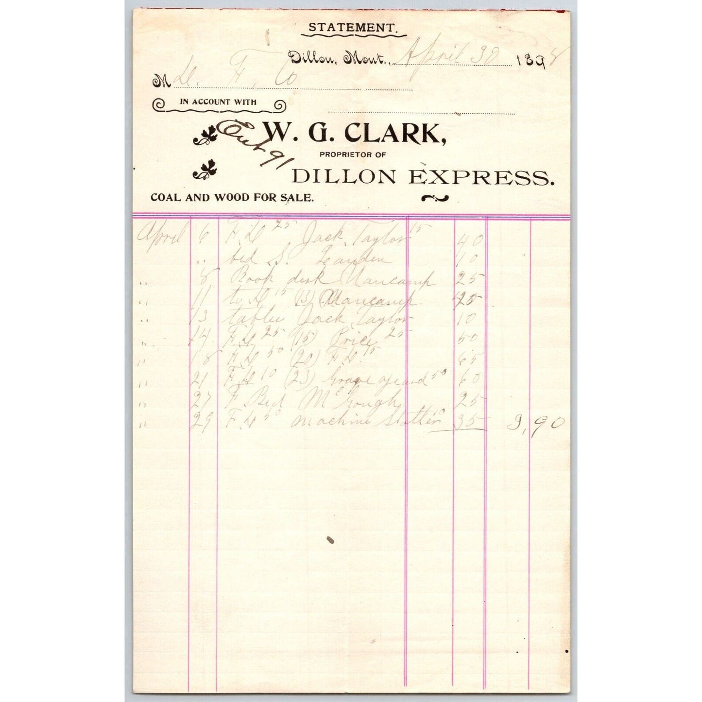 Dillon, MT W.G. Clark Dillon Express Expressman Coal & Wood Apr 1898 Billhead
