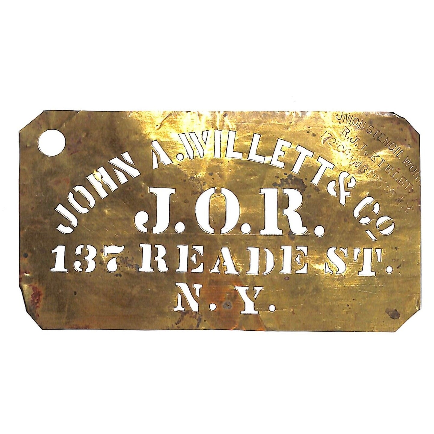 John A. Willett & Co* 137 Reade NYC Brass Stencil Crate c1880's-1920 3" x 5.5"