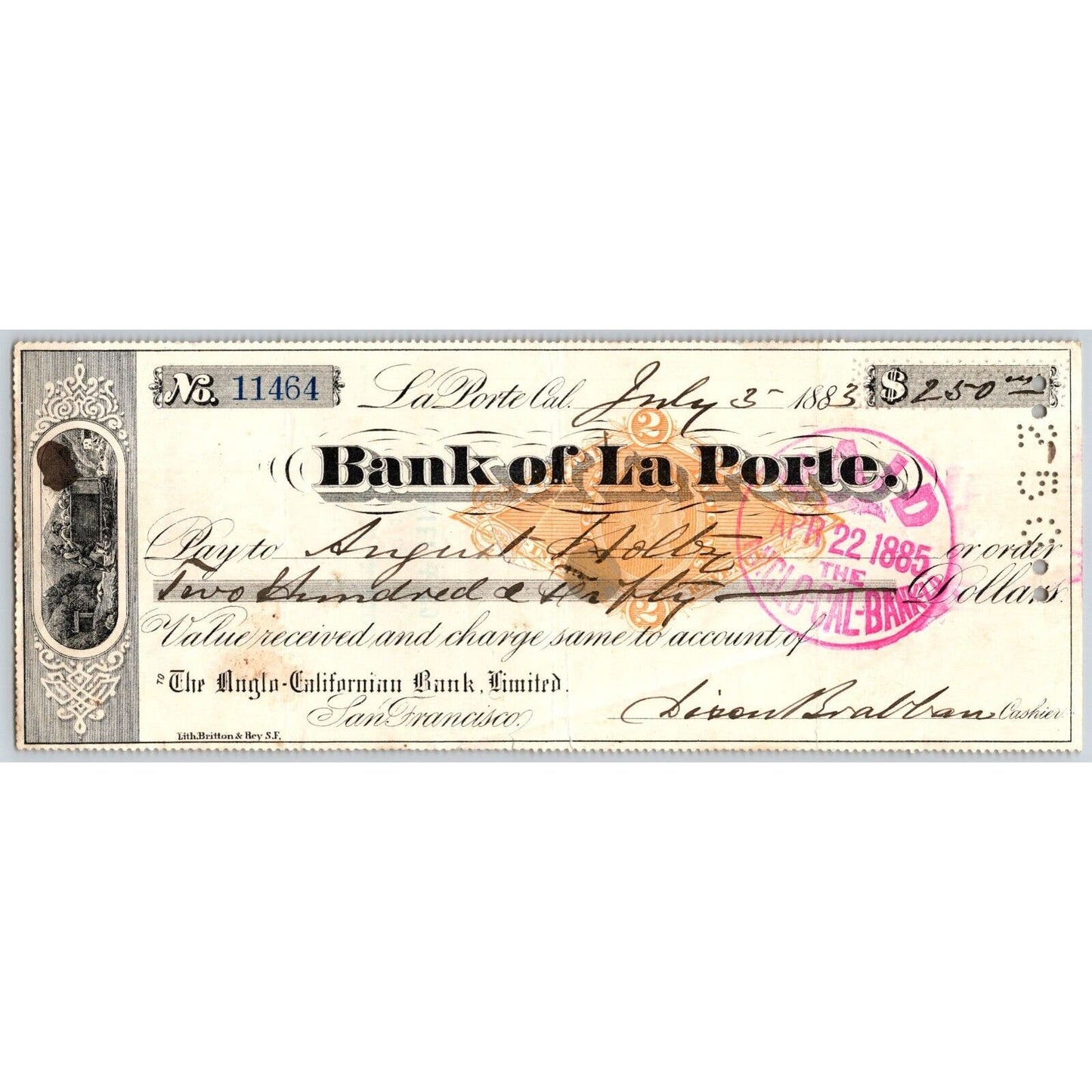 Bank of La Porte Check August Holtz 1883 Mining Vignette RN-G1 Rev Stamp #11464