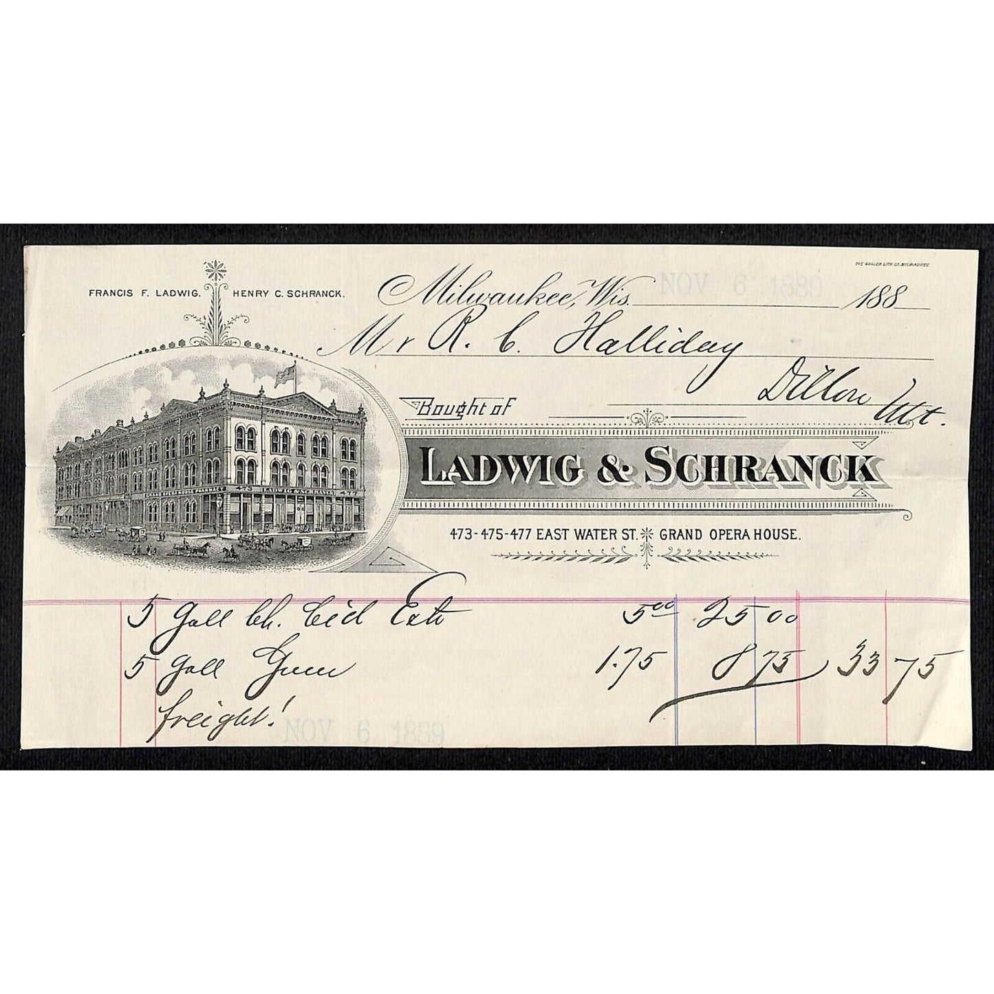 Ladwig & Schranck (Chemists - Drug Store) Milwaukee 1889 Billhead Scarce