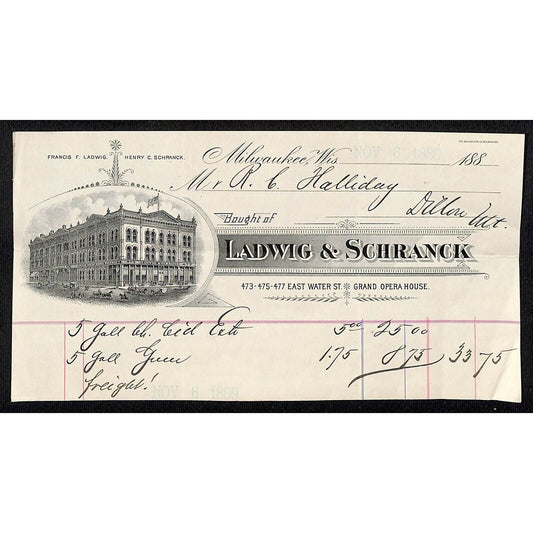 Ladwig & Schranck (Chemists - Drug Store) Milwaukee 1889 Billhead Scarce