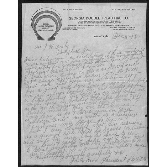 Georgia Double Tread Tire Co Atlanta 1916 Letterhead Automotive Vignette Scarce
