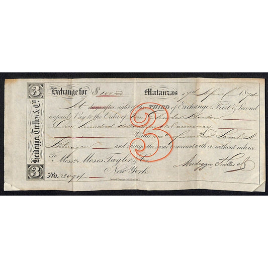 1874 "Third of Exchange" Certifictae $100 - Heidegger Trelles & Co. Matanzas