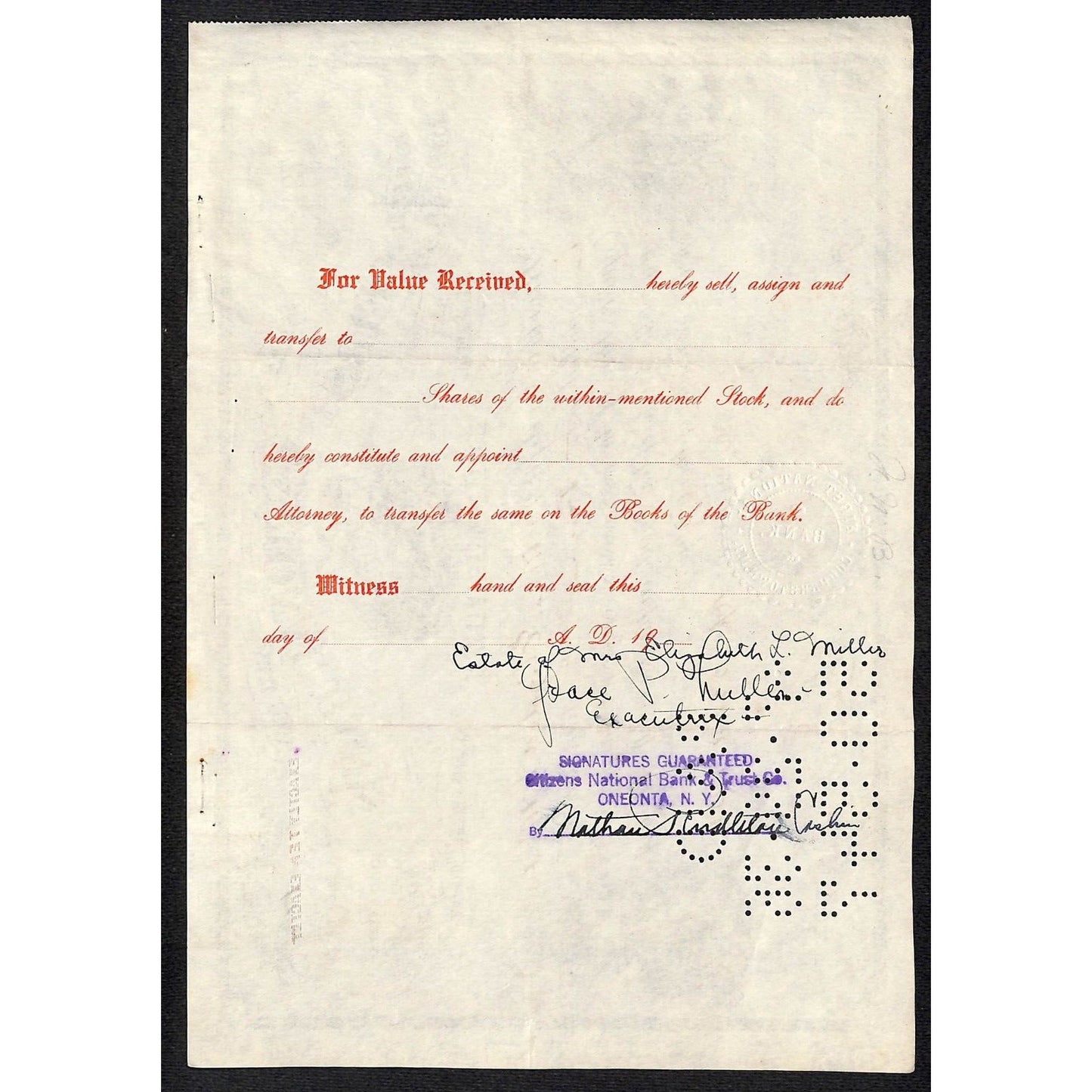 First National Bank of Cooperstown NY 1921 Stock Certificate Elizabeth M. Miller