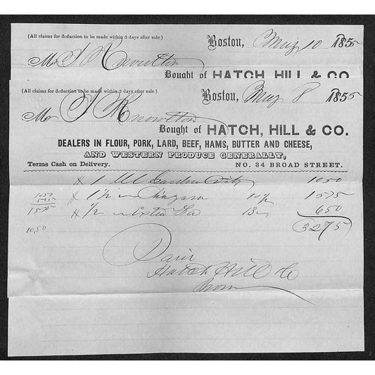 1855 Jabez Knowlton* Hatch, Hill Co. Boston "Western Produce" Pair of Billheads