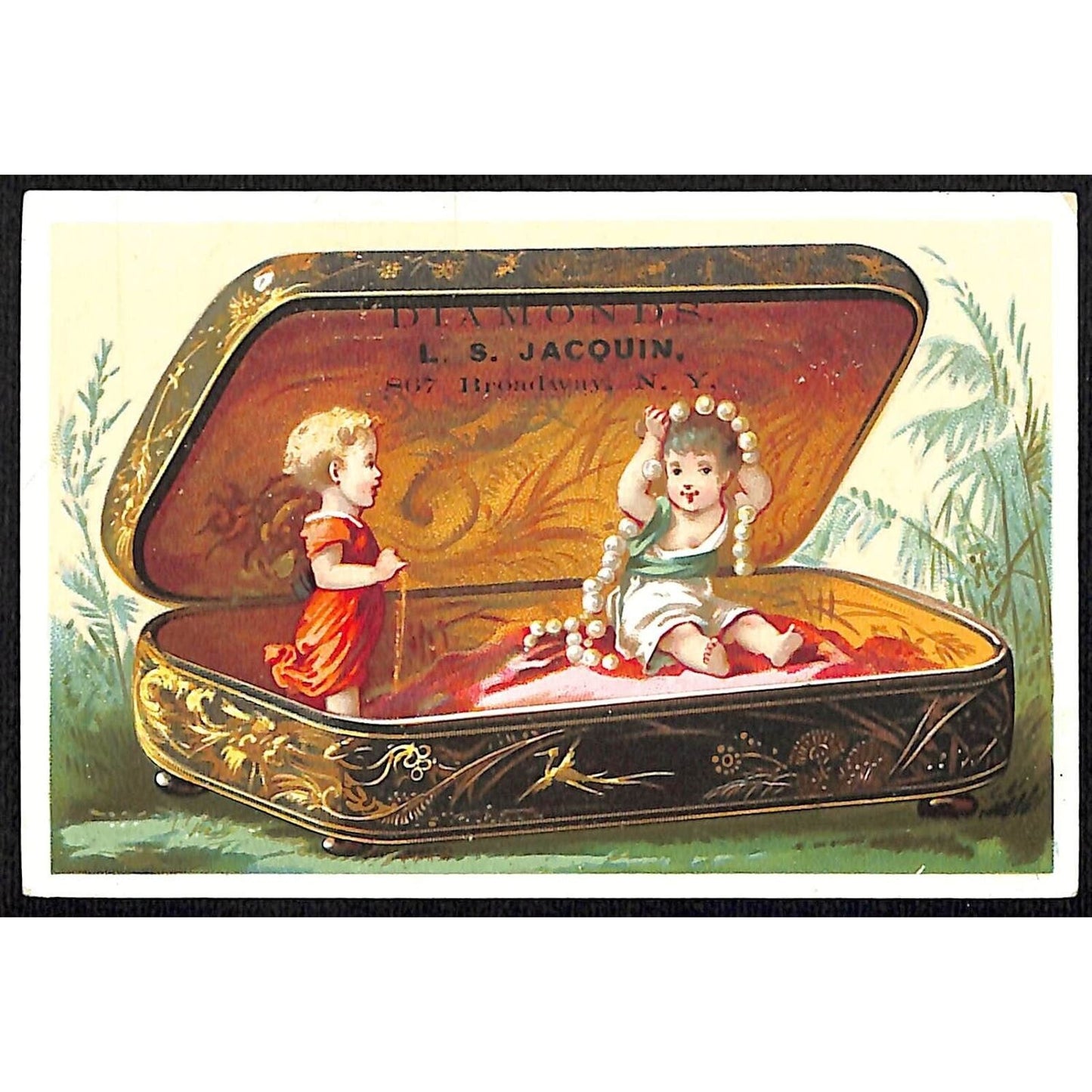 L.S. Jacquin Broadway NYC Victorian Trade Card Kids in Exaggerated Jewelry Box