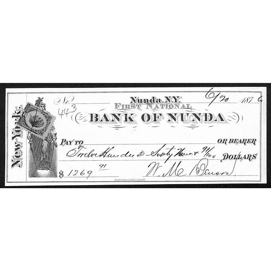 First National Bank of Nunda, NY 1876 Bank Check Rev Stamp